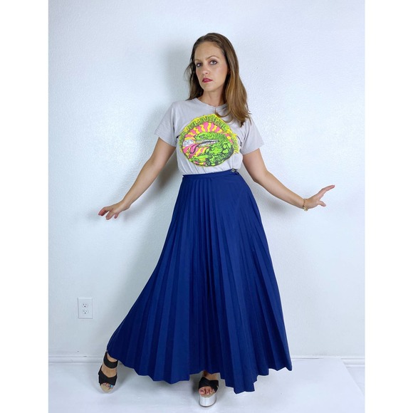 vintage 70s Navy high waisted PLEATED Maxi SKIRT xxs/xs full skirt knife pleats - Picture 2 of 10